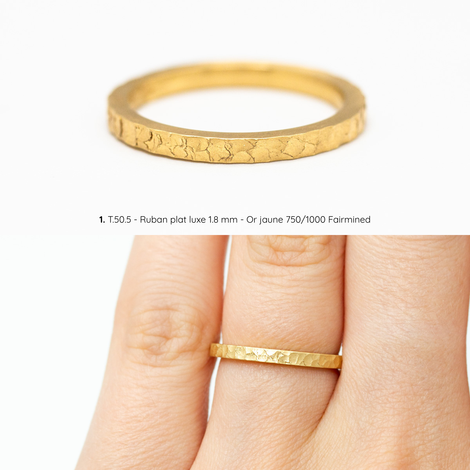 Alliance femme Sarita texture martelée inspirée du sable, ruban plat luxe 1,8 mm, taille 50,5, or jaune Fairmined, joaillerie éthique fabriquée artisanalement à Paris