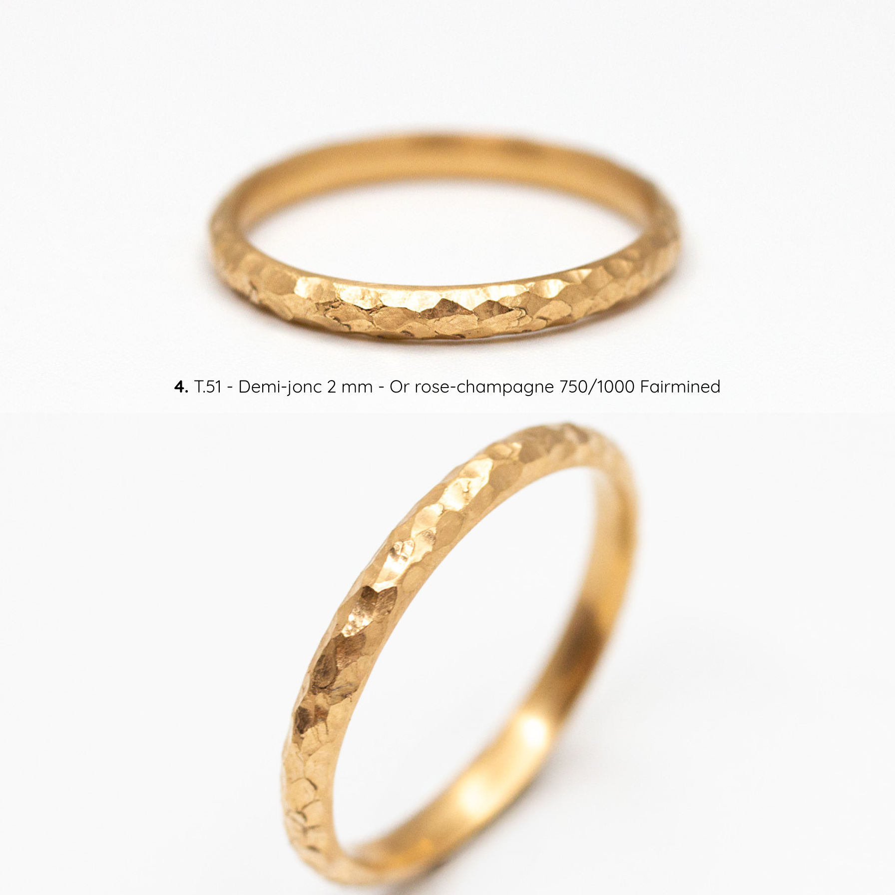 Alliance femme Sarita texture martelée inspirée du sable, demi-jonc 2 mm, taille 51, or rose-champagne Fairmined, joaillerie éthique fabriquée artisanalement à Paris