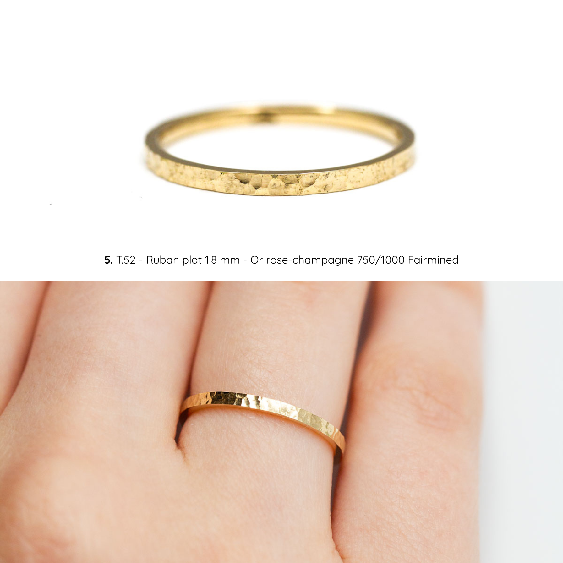 Alliance femme Sarita texture martelée inspirée du sable, ruban plat 1,8 mm, taille 52, or rose-champagne Fairmined, joaillerie éthique fabriquée artisanalement à Paris