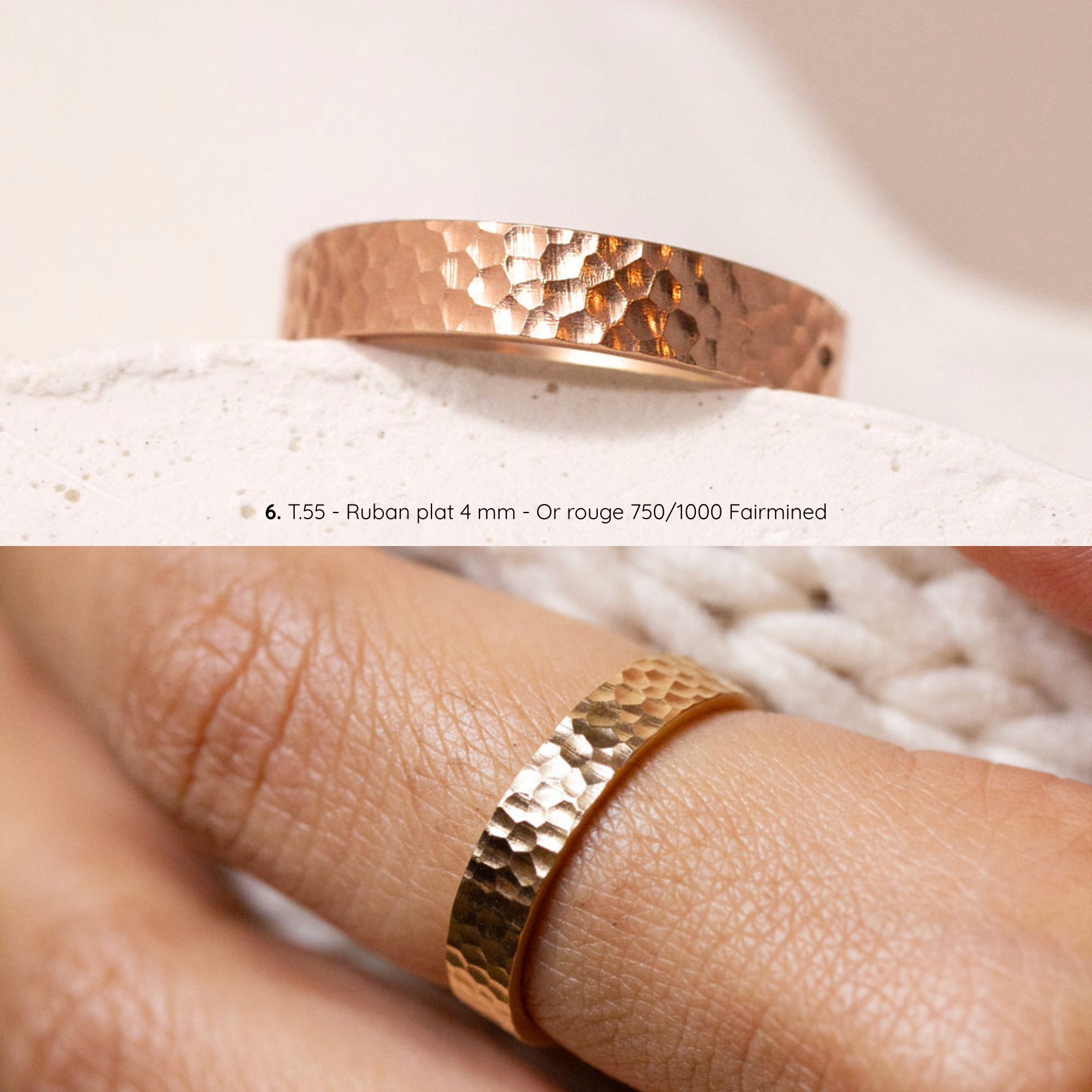 Alliance femme Sarita texture martelée inspirée du sable, ruban plat 4 mm, taille 55, or rouge Fairmined, joaillerie éthique fabriquée artisanalement à Paris