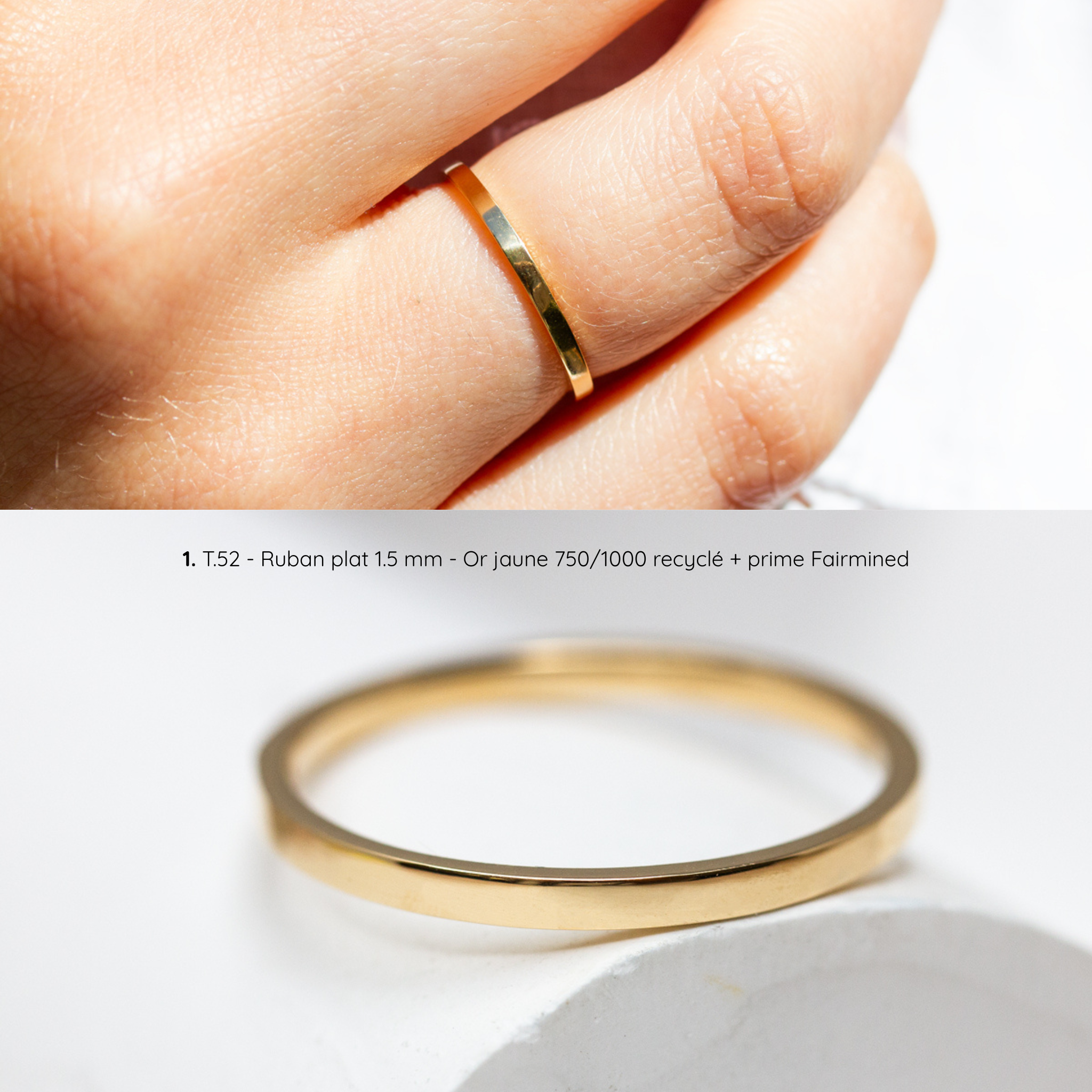 Alliance femme Ulysse classique lisse, ruban plat 1,5 mm, taille 52, or jaune recyclé Fairmined, joaillerie éthique fabriquée artisanalement à Paris