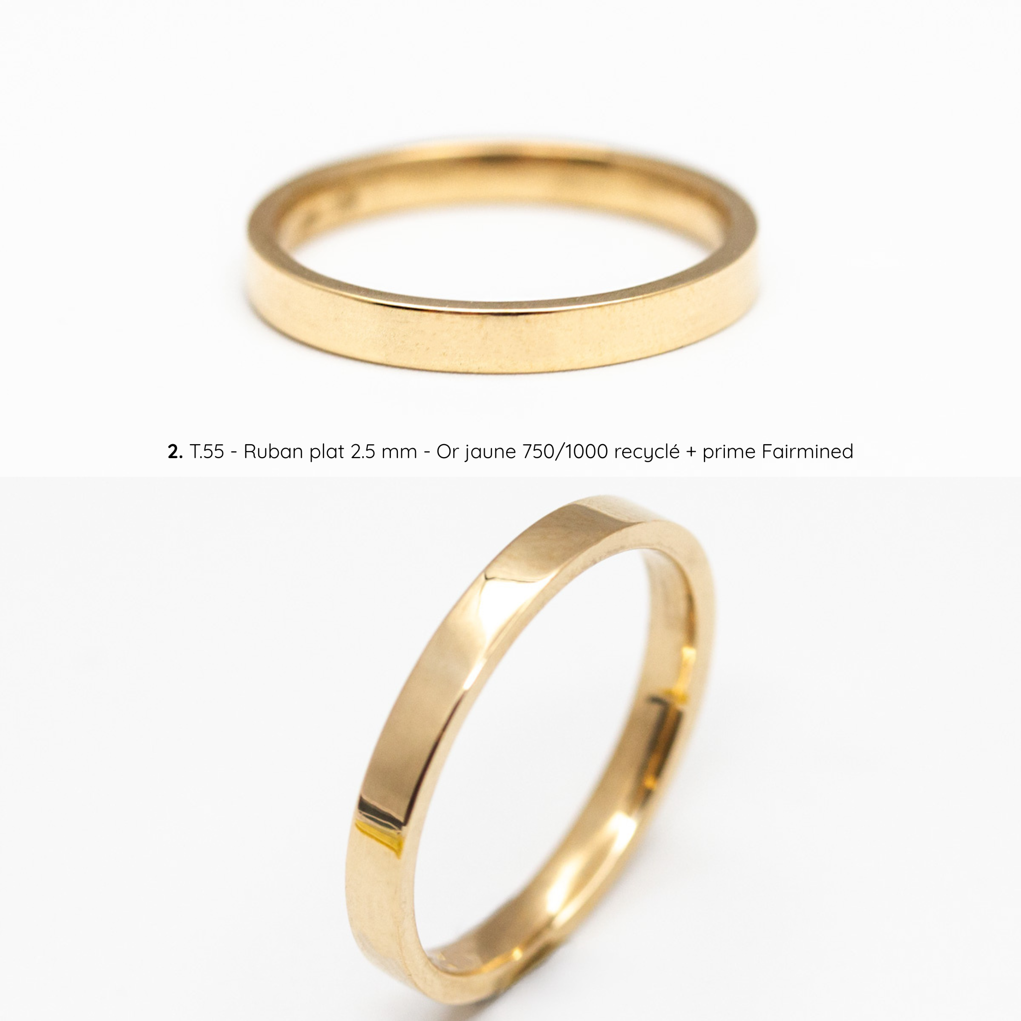 Alliance femme Ulysse classique lisse, ruban plat 2,5 mm, taille 55, or jaune recyclé Fairmined, joaillerie éthique fabriquée artisanalement à Paris