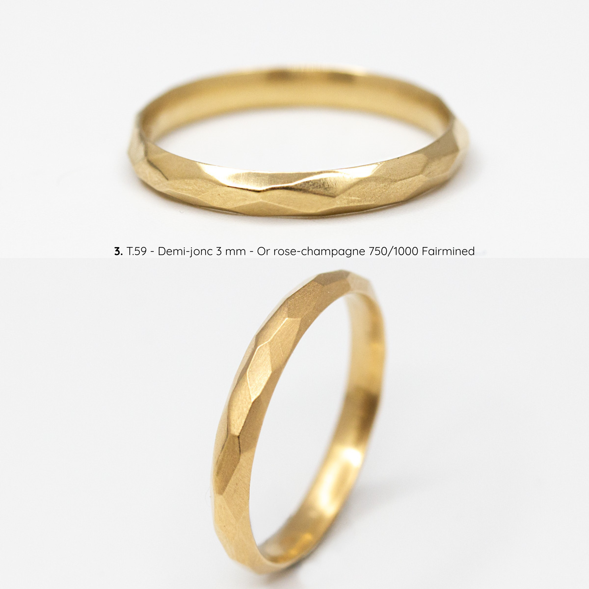 Alliance homme Nisma texture martelée mate, demi-jonc 3 mm, taille 60, or rose-champagne Fairmined, joaillerie éthique fabriquée artisanalement à Paris