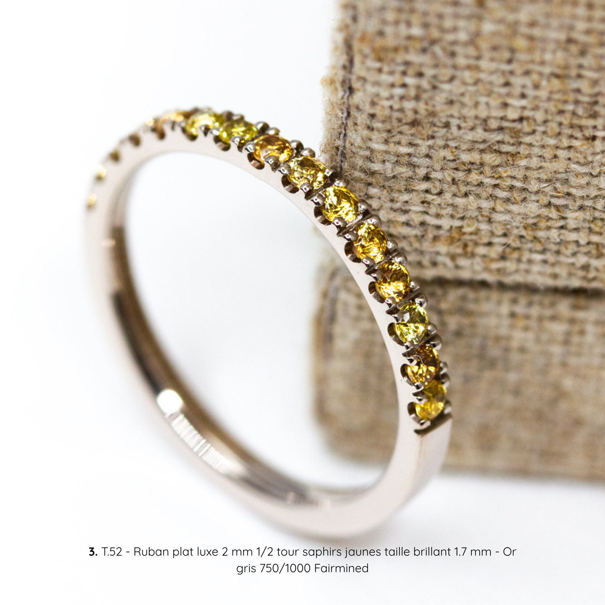 Alliance pavée Denise serti descendu, ruban plat luxe 2 mm, saphirs jaunes, taille 52, or gris Fairmined, joaillerie éthique fabriquée artisanalement à Paris