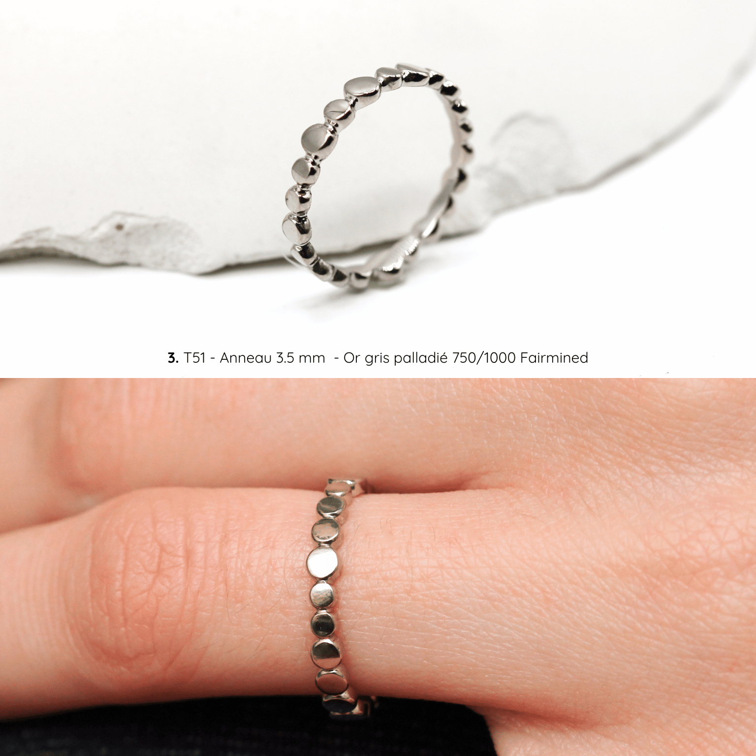Bague Pépite anneau fin arrondi aux palets d'or, joaillerie éthique en or Fairmined et argent, bijou artisanal fabriqué à Paris
