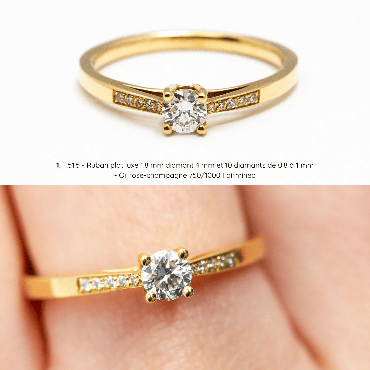 Bague de fiançailles Lucia solitaire pavé, diamant central et 10 diamants pavés, or rose-champagne Fairmined, joaillerie éthique fabriquée artisanalement à Paris