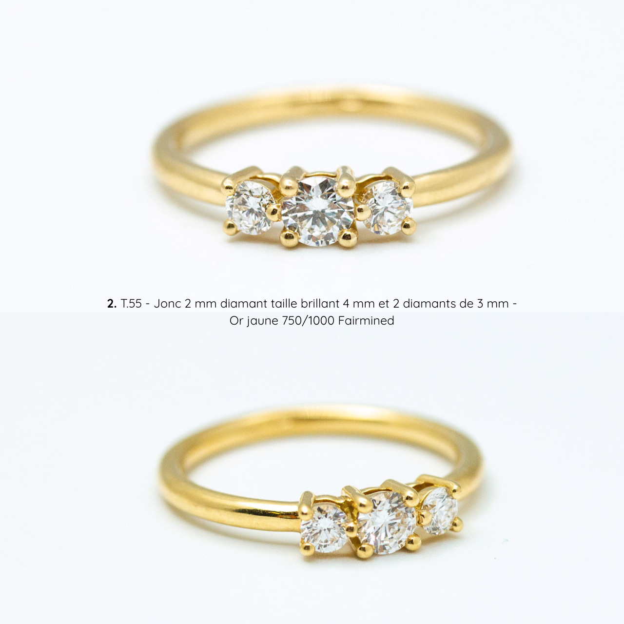 Bague de fiançailles Soleine solitaire épaulé, diamant central et 2 diamants latéraux, or jaune Fairmined, joaillerie éthique fabriquée artisanalement à Paris