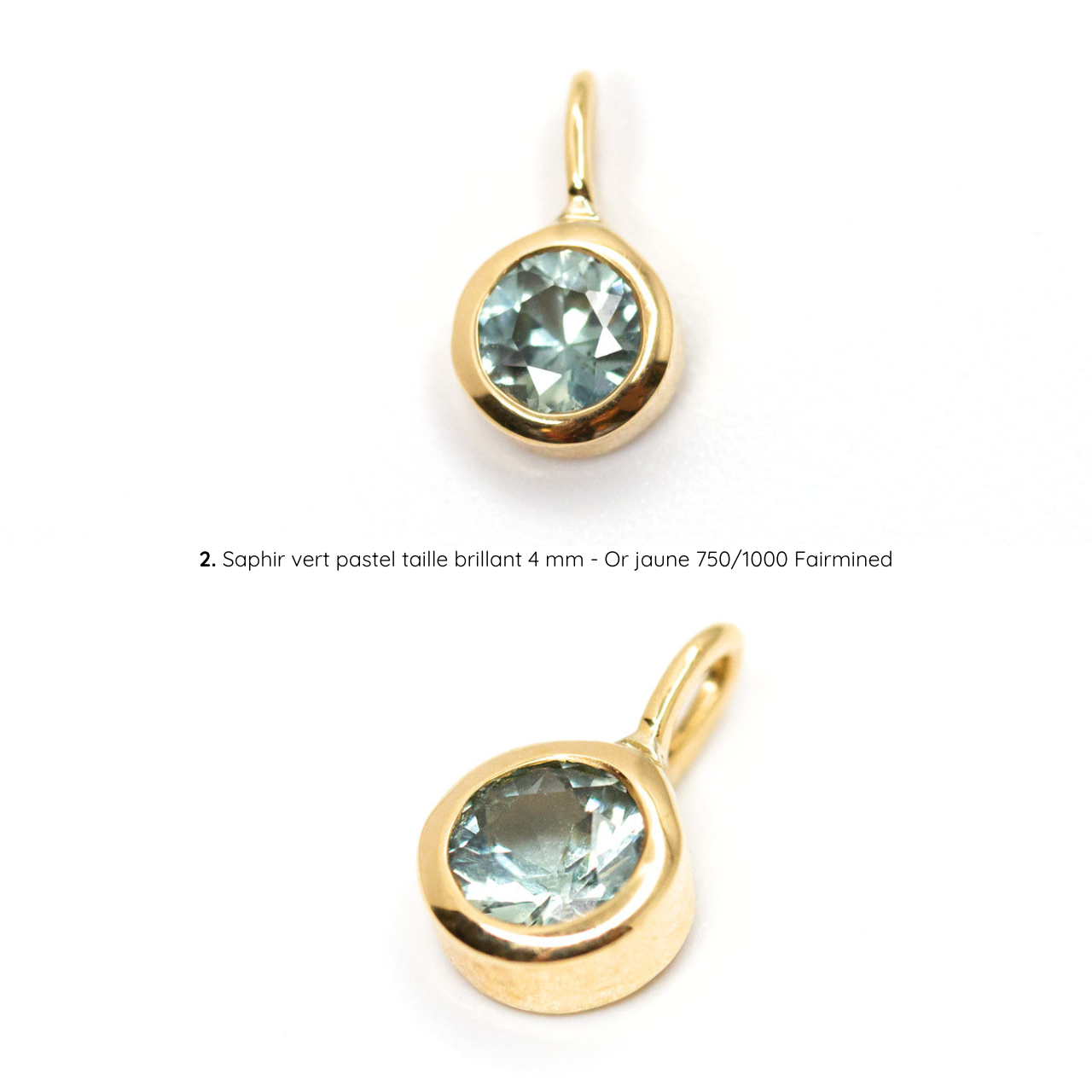 Pendentif Solférine saphir vert pastel serti, or jaune Fairmined, joaillerie éthique fabriquée artisanalement à Paris