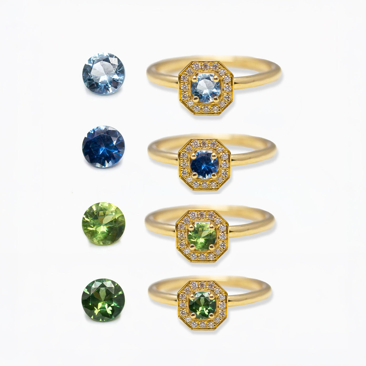 Bague de fiançailles Léone à personnaliser en ligne déclinée avec 4 saphirs bleu-vert éthiques certifiés Fair Trade