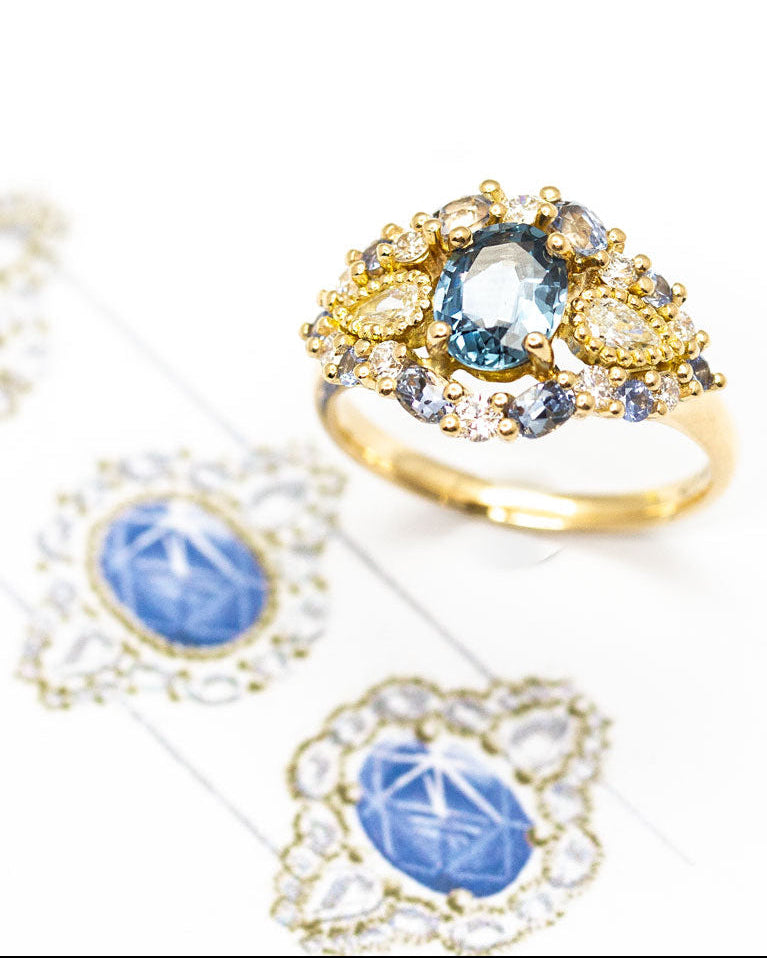 Croquis de création d'une bague de fiançailles sur-mesure. Artisan joaillier créateur de bijoux à Paris et Lyon