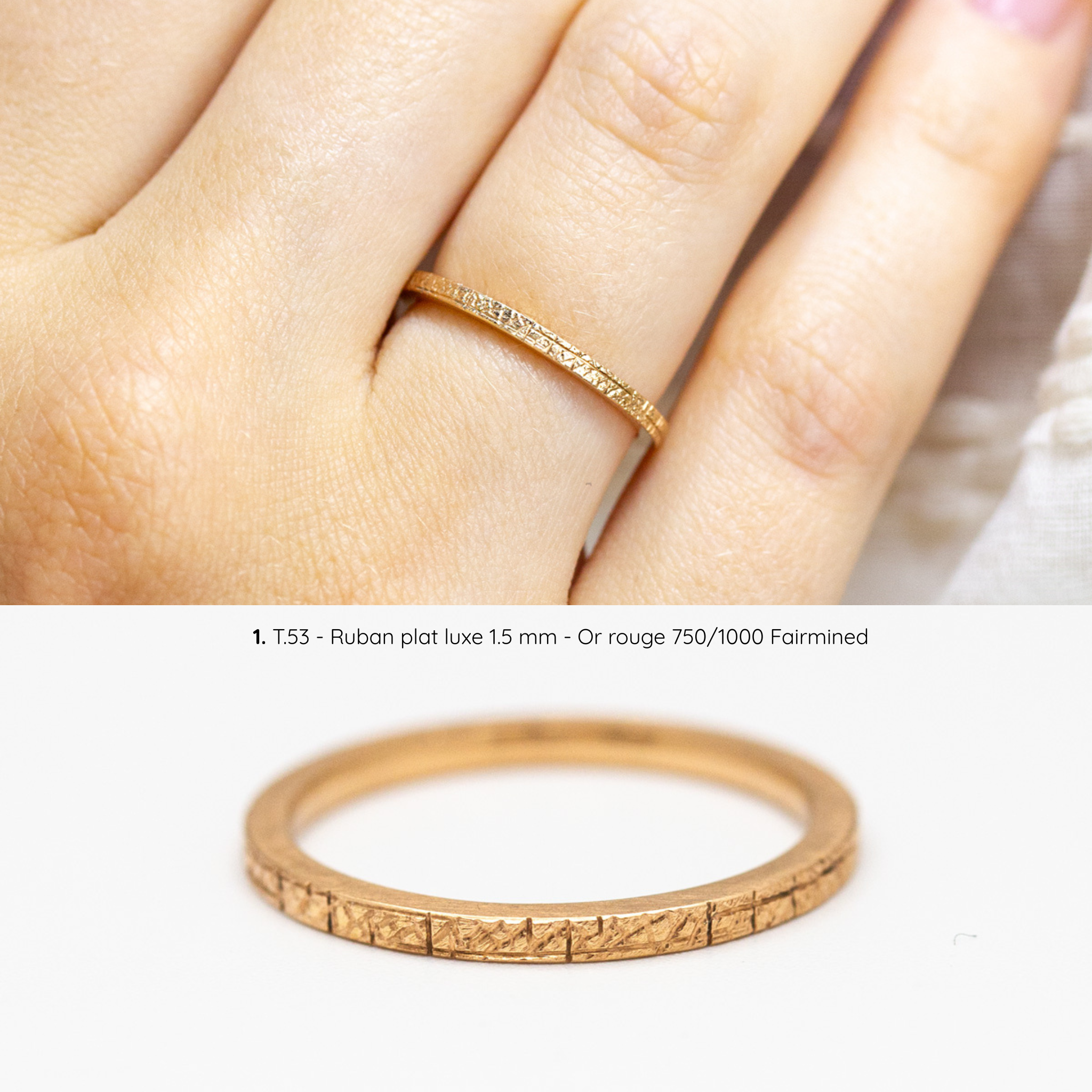 Alliance Hélia texture écorce, ruban plat luxe 1,5 mm, taille 53, or rouge Fairmined, joaillerie éthique fabriquée artisanalement à Paris