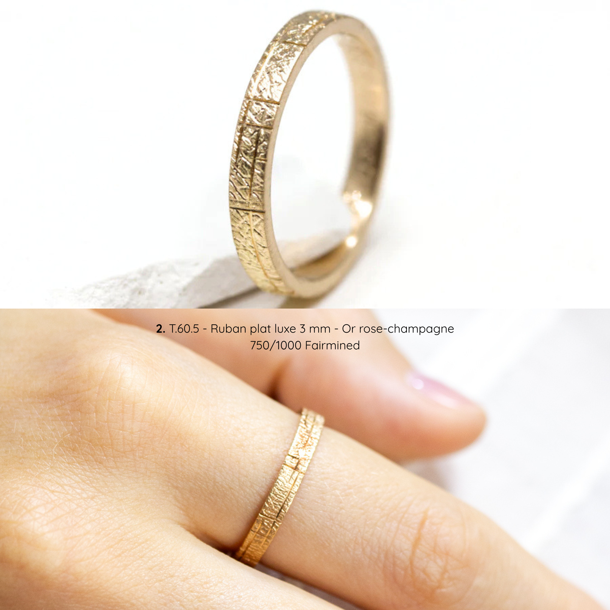 Alliance Hélia texture écorce, ruban plat luxe 3 mm, taille 60,5, or rose-champagne Fairmined, joaillerie éthique fabriquée artisanalement à Paris
