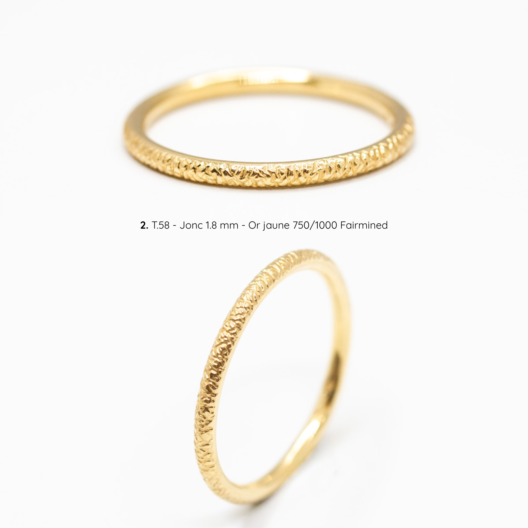 Alliance femme Rosa texture craquelée, jonc 1,8 mm, taille 58, or jaune Fairmined, joaillerie éthique fabriquée artisanalement à Paris