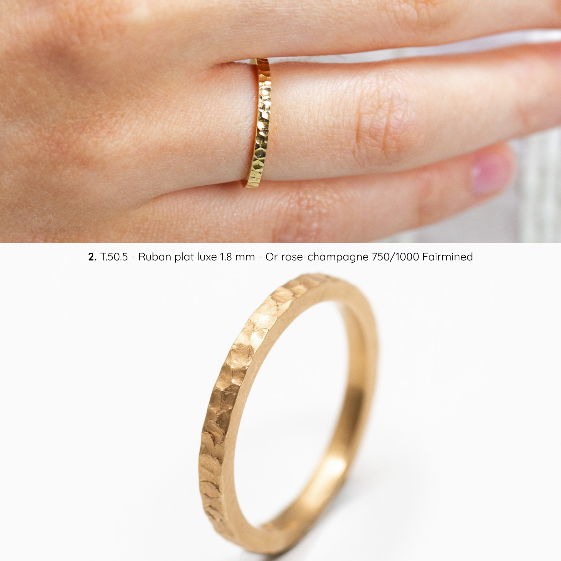 Alliance femme Sarita texture martelée inspirée du sable, ruban plat luxe 1,8 mm, taille 50,5, or rose-champagne Fairmined, joaillerie éthique fabriquée artisanalement à Paris