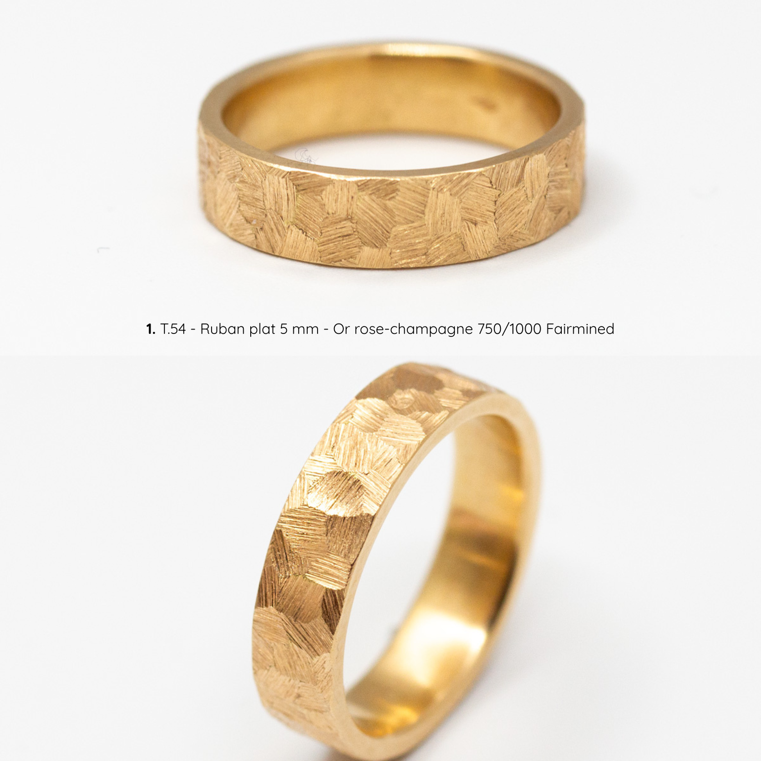 Alliance femme Staël texture brossée martelée, ruban plat 5 mm, taille 54, or rose-champagne Fairmined, joaillerie éthique fabriquée artisanalement à Paris