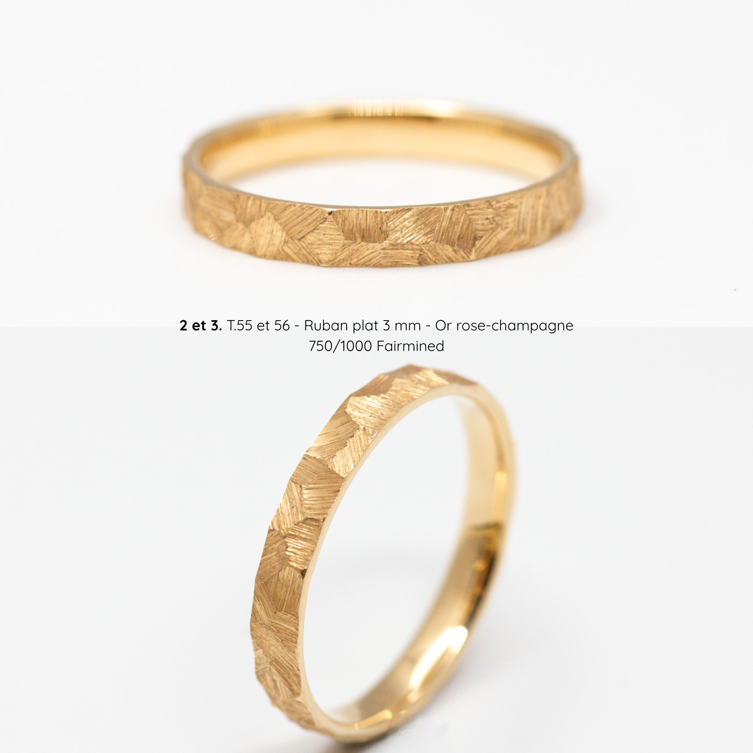 Alliance femme Staël texture brossée martelée, ruban plat 3 mm, taille 55, or rose-champagne Fairmined, joaillerie éthique fabriquée artisanalement à Paris