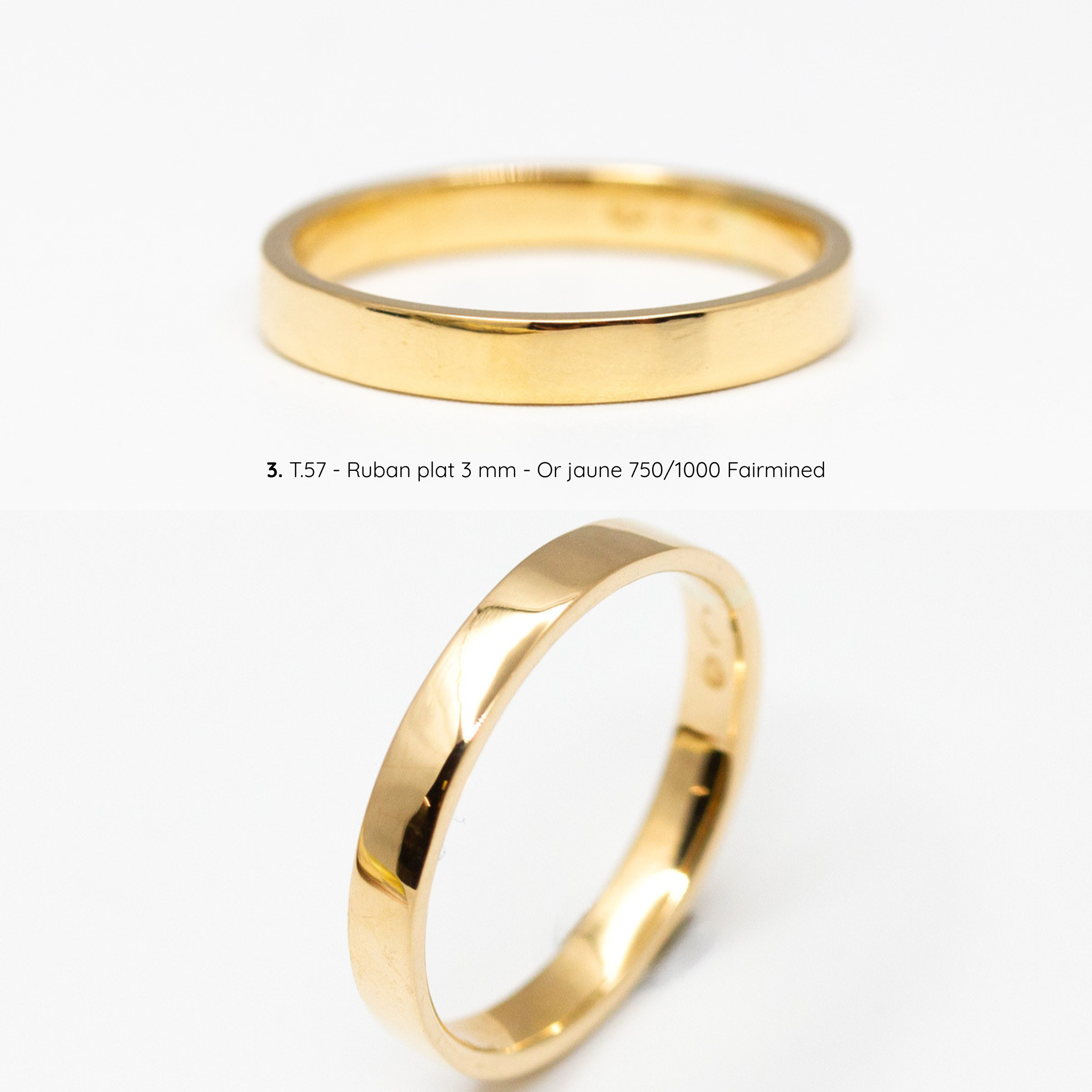 Alliance femme Ulysse classique lisse, ruban plat 3 mm, taille 57, or jaune Fairmined, joaillerie éthique fabriquée artisanalement à Paris