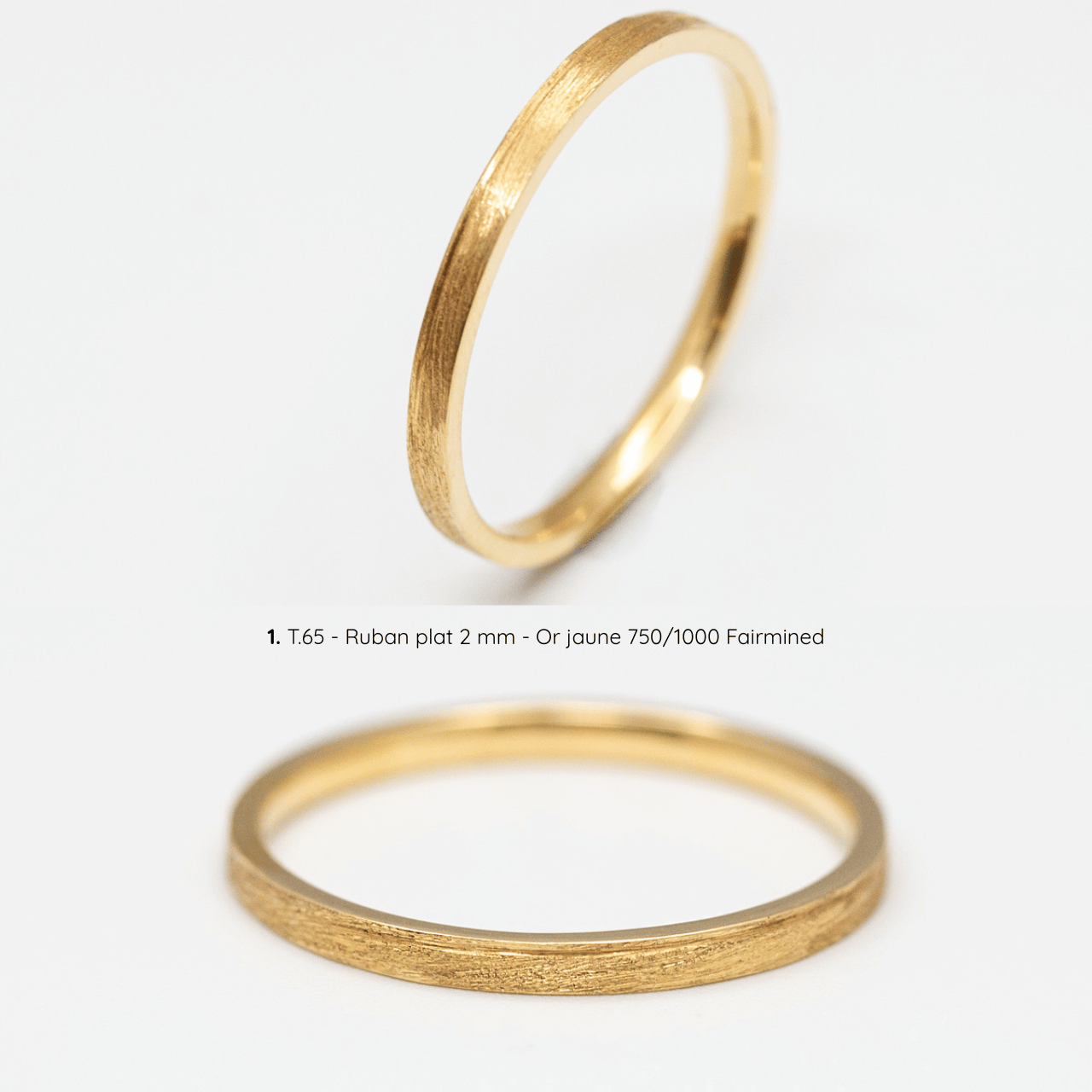 Alliance homme Casildée brossée, ruban plat 2 mm, taille 65, or jaune Fairmined, joaillerie éthique fabriquée artisanalement à Paris