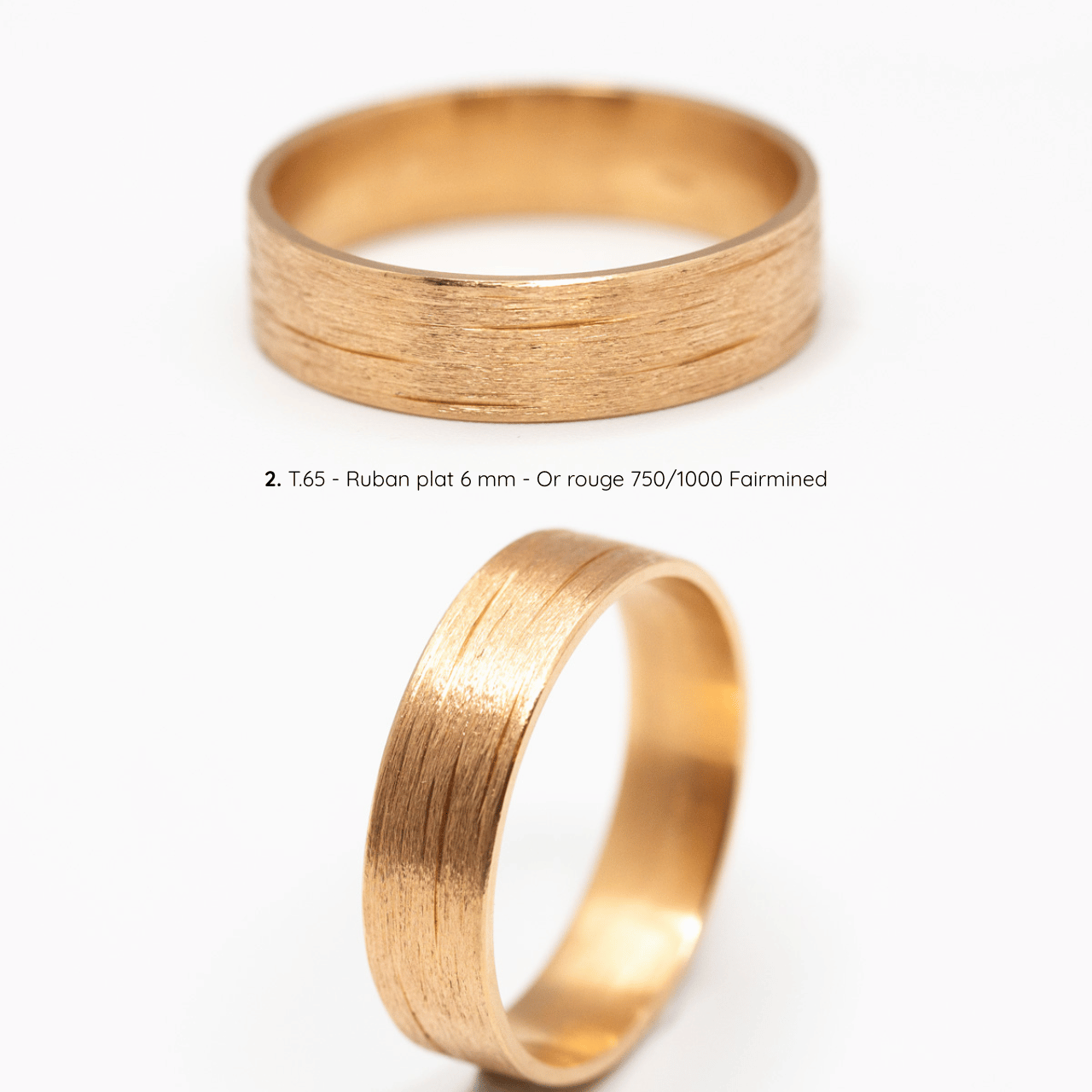 Alliance homme Casildée brossée, ruban plat 6 mm, taille 65, or rouge Fairmined, joaillerie éthique fabriquée artisanalement à Paris