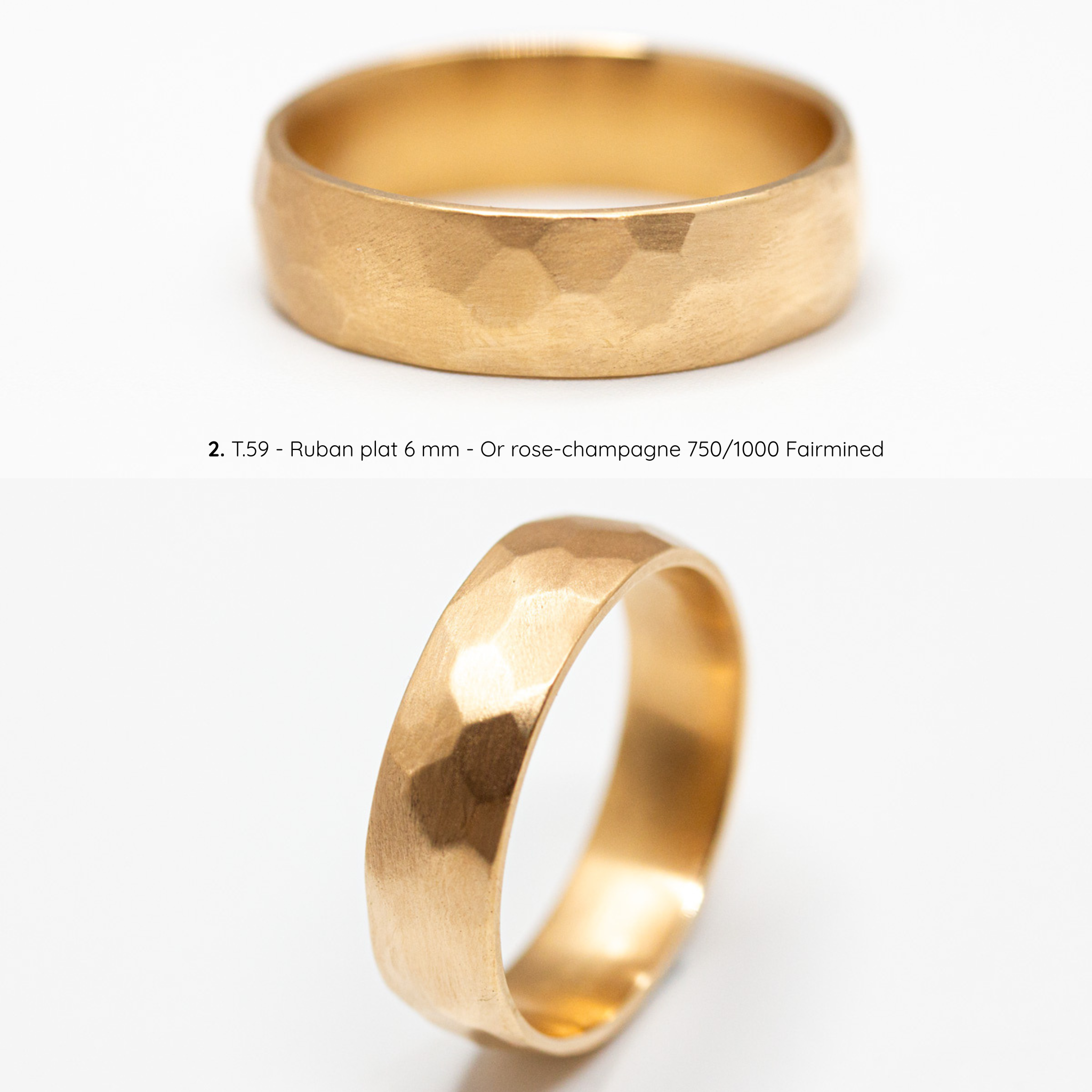 Alliance homme Nisma texture martelée mate, ruban plat 6 mm, taille 59, or rose-champagne Fairmined, joaillerie éthique fabriquée artisanalement à Paris