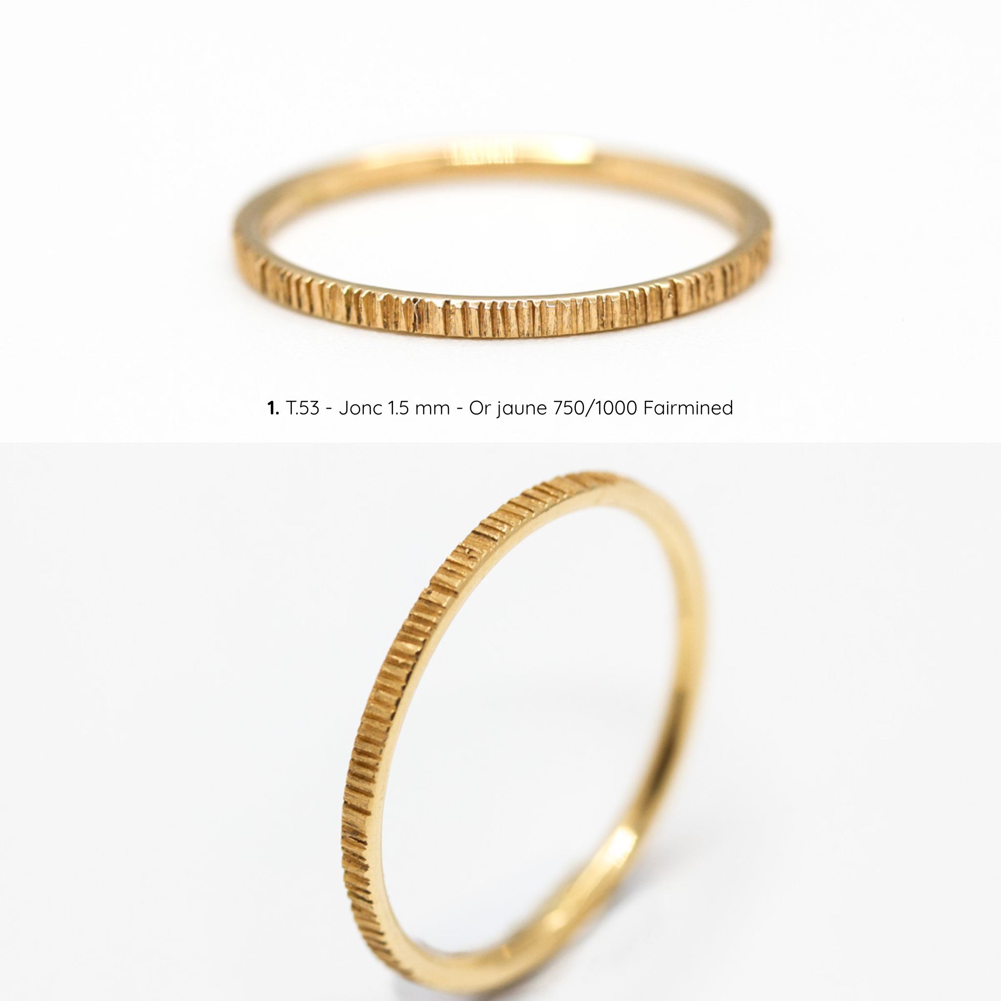 Alliance mixte Isandre texture striée, jonc 1,5 mm, taille 53, or jaune Fairmined, joaillerie éthique fabriquée artisanalement à Paris