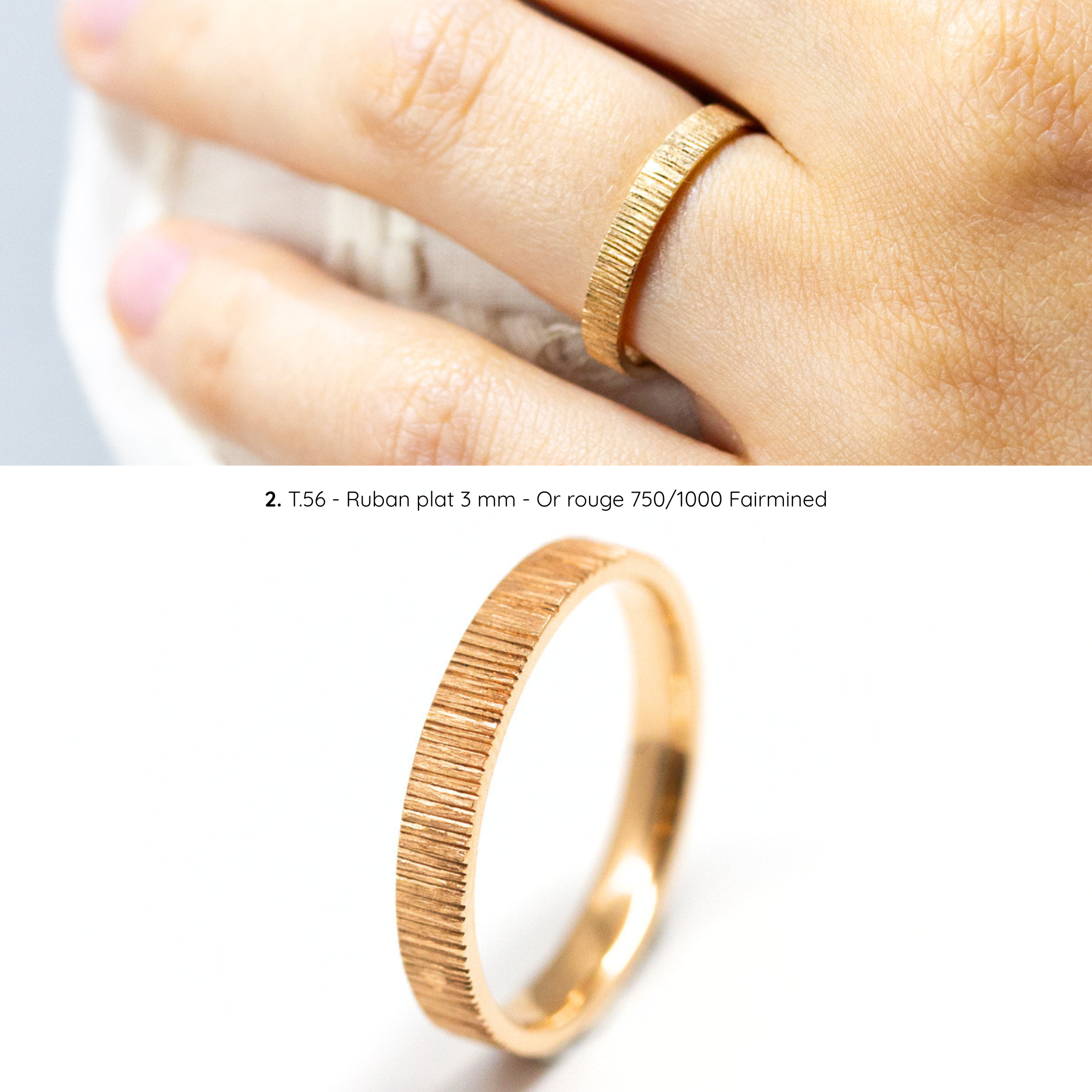 Alliance mixte Isandre texture striée, ruban plat 3 mm, taille 56, or rouge Fairmined, joaillerie éthique fabriquée artisanalement à Paris