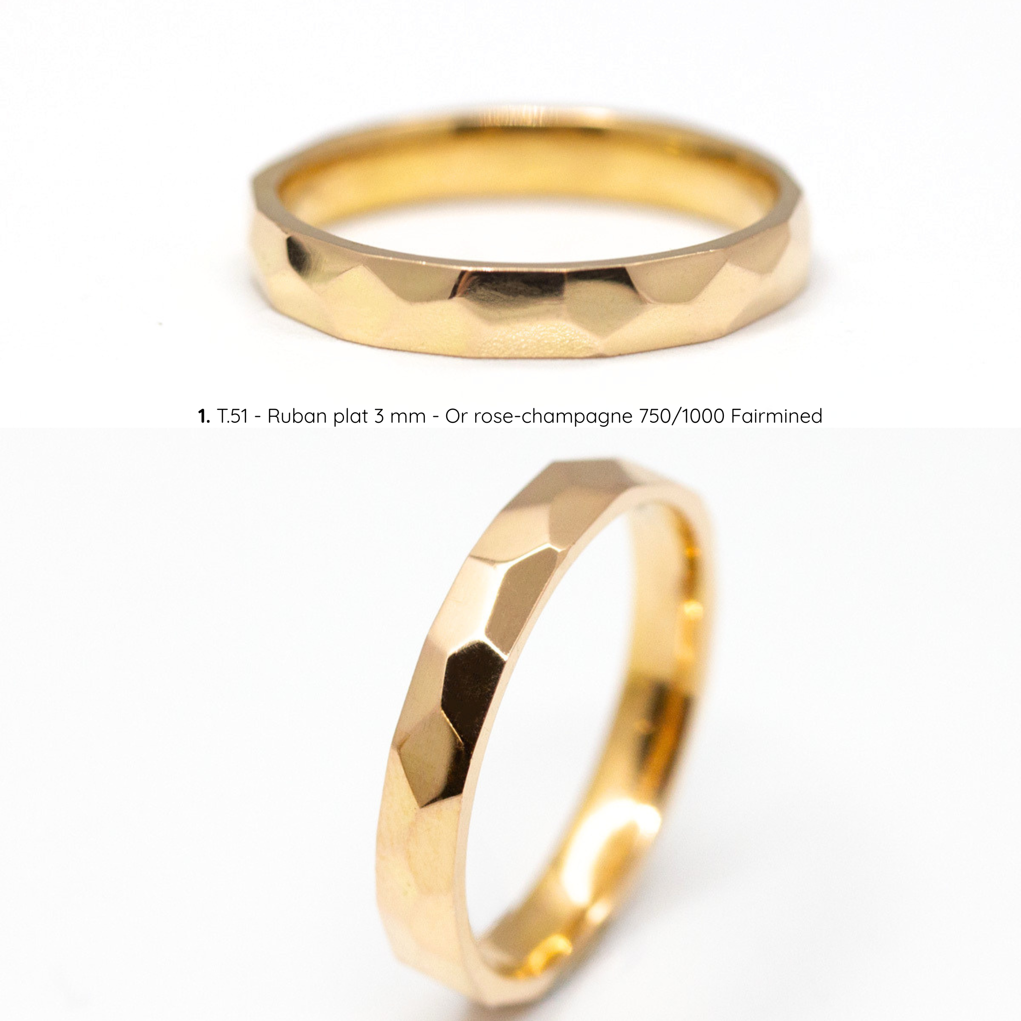 Alliance mixte Isilde texture martelée, ruban plat 3 mm, taille 51, or rose-champagne Fairmined, joaillerie éthique fabriquée artisanalement à Paris