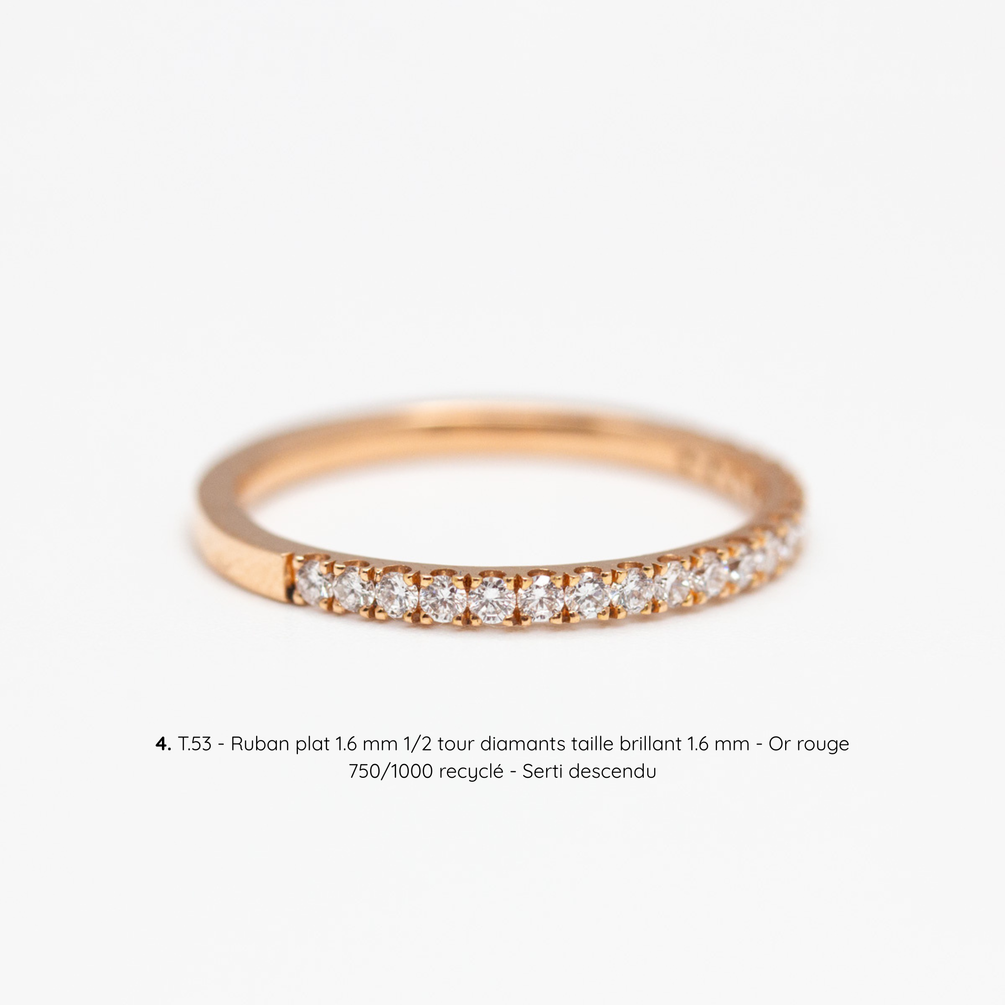 Alliance pavée Denise serti descendu, ruban plat 1,6 mm, diamants, taille 53, or rouge recyclé, joaillerie éthique fabriquée artisanalement à Paris