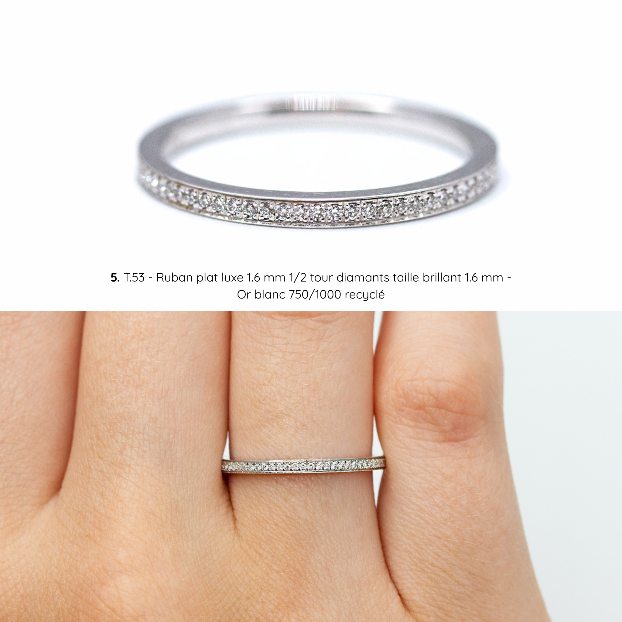 Alliance pavée Mira, ruban plat luxe 1,6 mm, diamants, taille 53, or blanc recyclé, joaillerie éthique fabriquée artisanalement à Paris