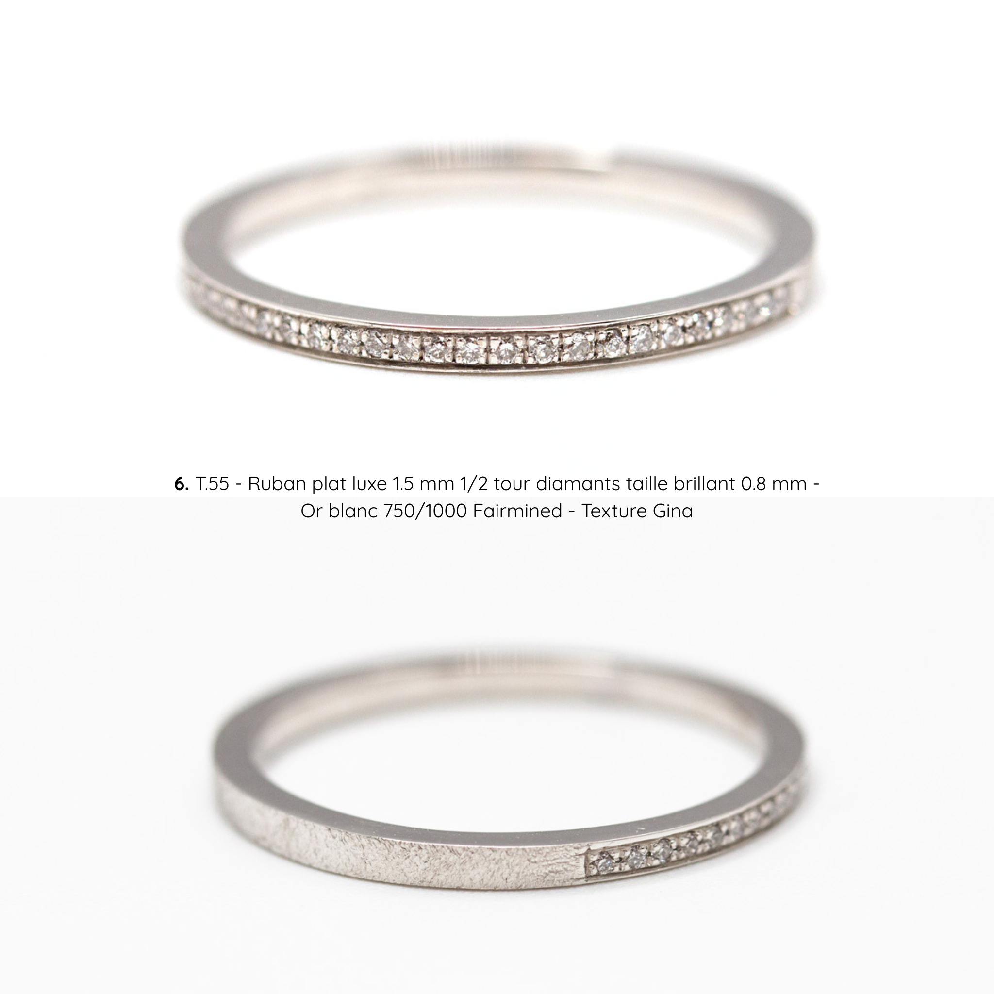 Alliance pavée Mira texture Gina, ruban plat luxe 1,5 mm, diamants, taille 55, or blanc Fairmined, joaillerie éthique fabriquée artisanalement à Paris