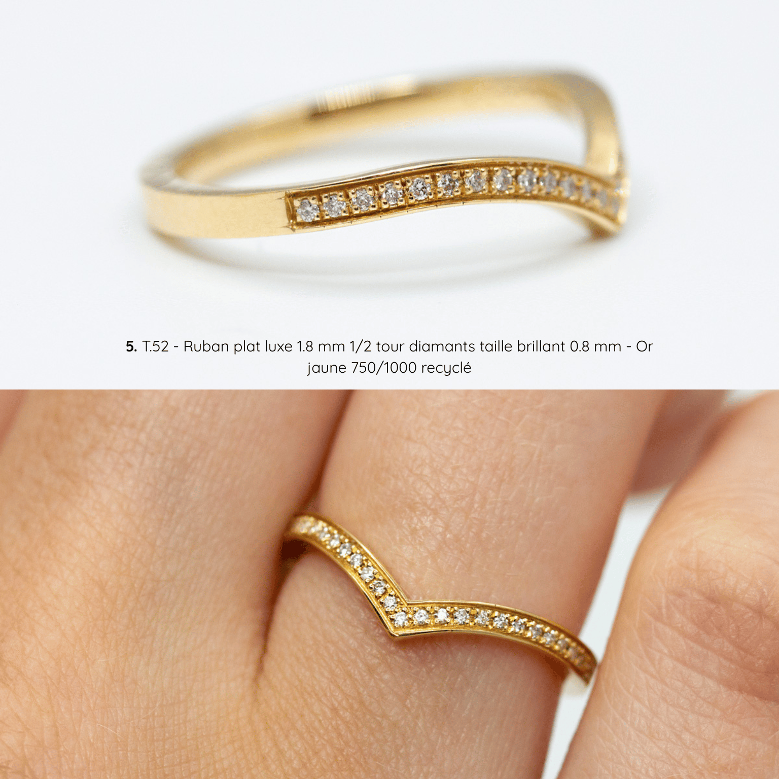 Bague Azur incurvée empierrée, ruban plat luxe, or jaune recyclé, diamants 1/2 tour, joaillerie éthique fabriquée artisanalement à Paris