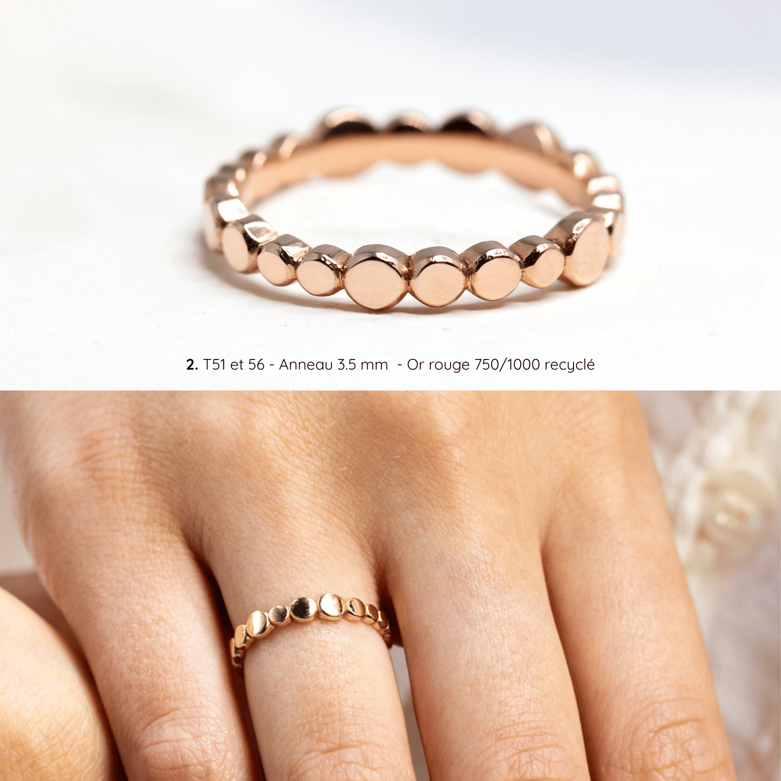 Bague Pépite anneau fin arrondi aux palets d'or, joaillerie éthique en or Fairmined et argent, bijou artisanal fabriqué à Paris