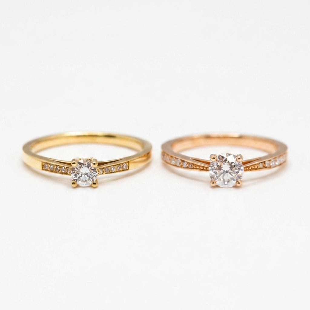Bague de fiançailles Lucia solitaire pavé, diamant central et diamants pavés, or rose-champagne et or rouge Fairmined, joaillerie éthique fabriquée artisanalement à Paris