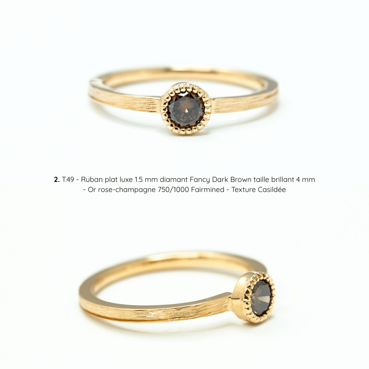 Bague de fiançailles Madeleine, texture Casildée, diamant Fancy Dark Brown, or rose-champagne Fairmined, joaillerie éthique fabriquée artisanalement à Paris