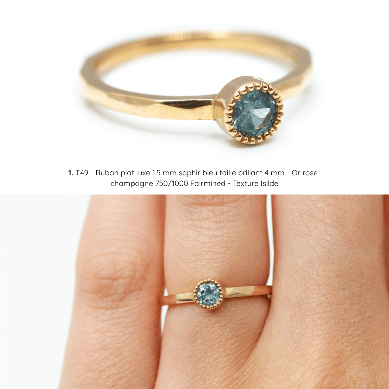Bague de fiançailles Madeleine, texture Isilde, saphir bleu serti, or rose-champagne Fairmined, joaillerie éthique fabriquée artisanalement à Paris