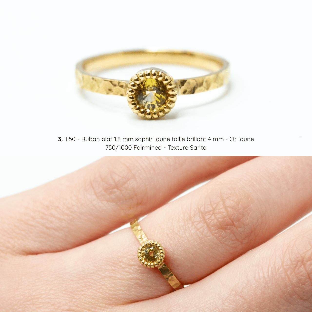Bague de fiançailles Madeleine, texture Sarita, saphir jaune serti, or jaune Fairmined, joaillerie éthique fabriquée artisanalement à Paris