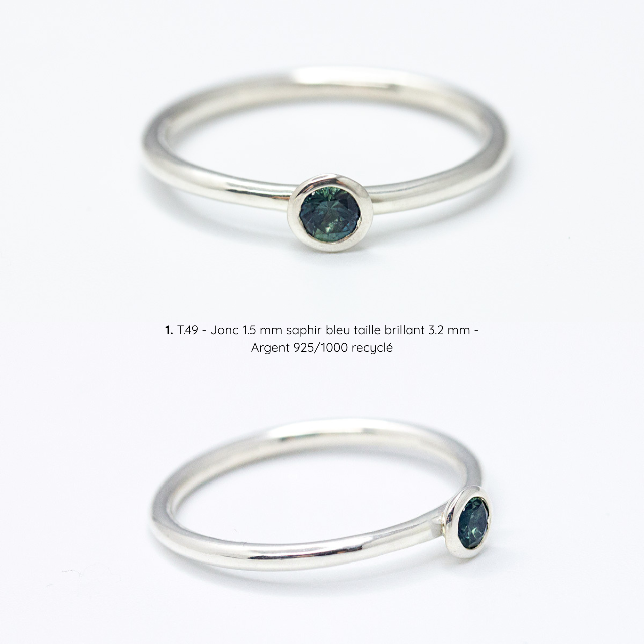Bague de fiançailles Pierrette solitaire fin, saphir bleu serti clos, argent recyclé, joaillerie éthique fabriquée artisanalement à Paris