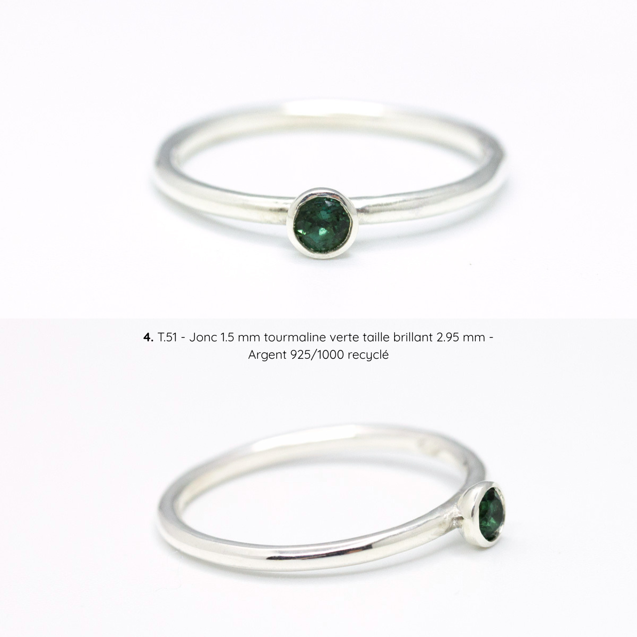 Bague de fiançailles Pierrette solitaire fin, tourmaline verte sertie clos, argent recyclé, joaillerie éthique fabriquée artisanalement à Paris