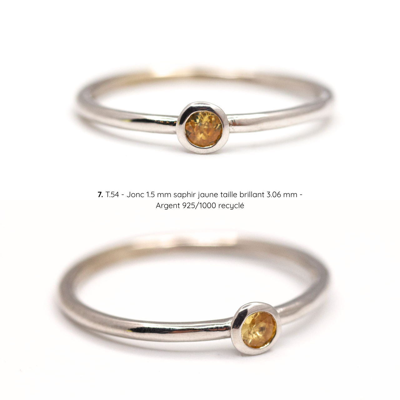 Bague de fiançailles Pierrette solitaire fin, saphir jaune serti clos, argent recyclé, joaillerie éthique fabriquée artisanalement à Paris