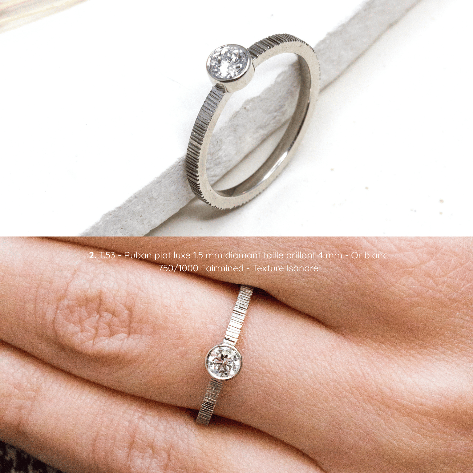 Bague de fiançailles Solférine solitaire, texture Isandre, diamant serti clos, or blanc Fairmined, joaillerie éthique fabriquée artisanalement à Paris