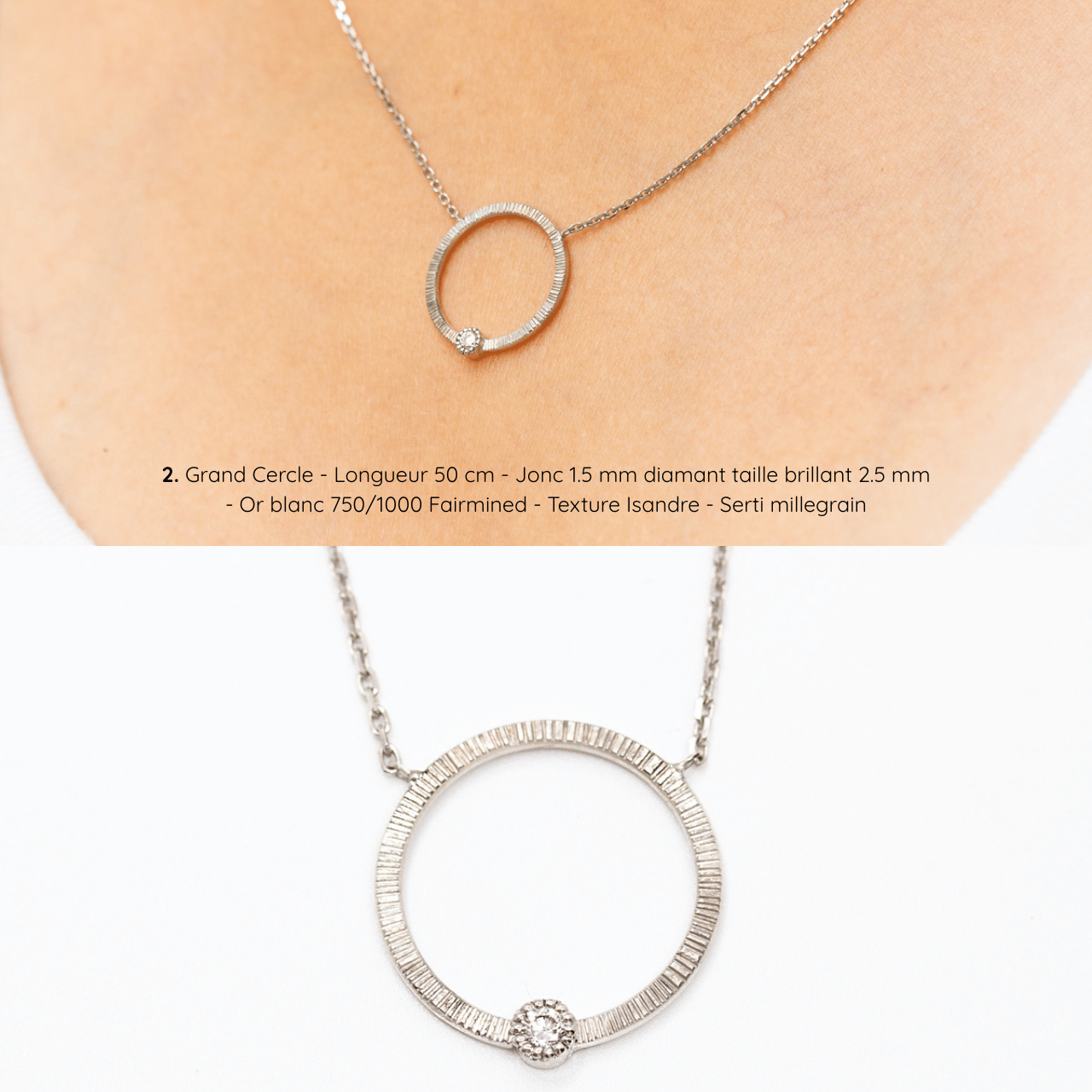 Collier pendentif grand cercle, texture Isandre, diamant serti millegrain, jonc en or blanc Fairmined, joaillerie éthique fabriquée artisanalement à Paris