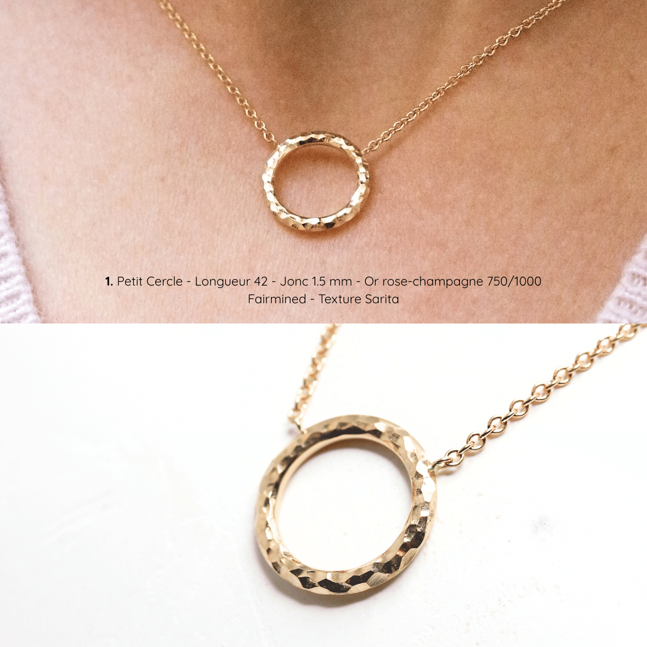 Collier pendentif petit cercle, texture Sarita, jonc en or rose-champagne Fairmined, joaillerie éthique fabriquée artisanalement à Paris
