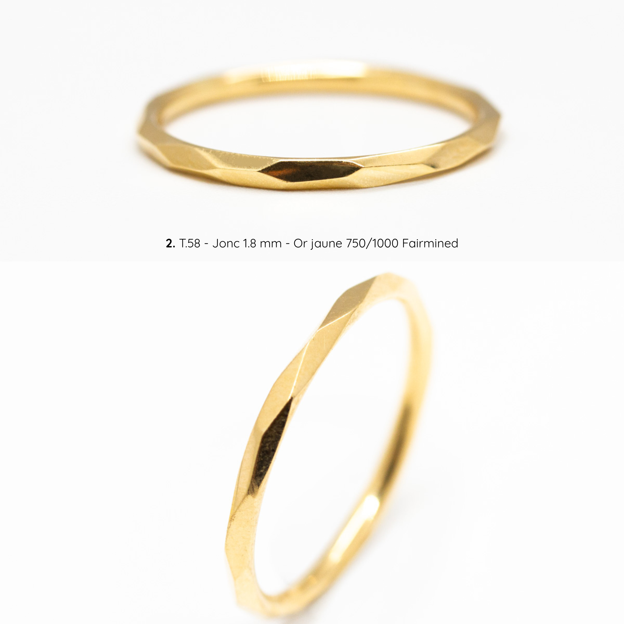Alliance mixte Isilde texture martelée, jonc 1,8 mm, taille 58, or jaune Fairmined, joaillerie éthique fabriquée artisanalement à Paris