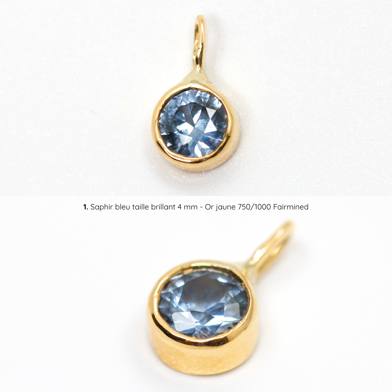Pendentif Solférine saphir bleu serti, or jaune Fairmined, joaillerie éthique fabriquée artisanalement à Paris