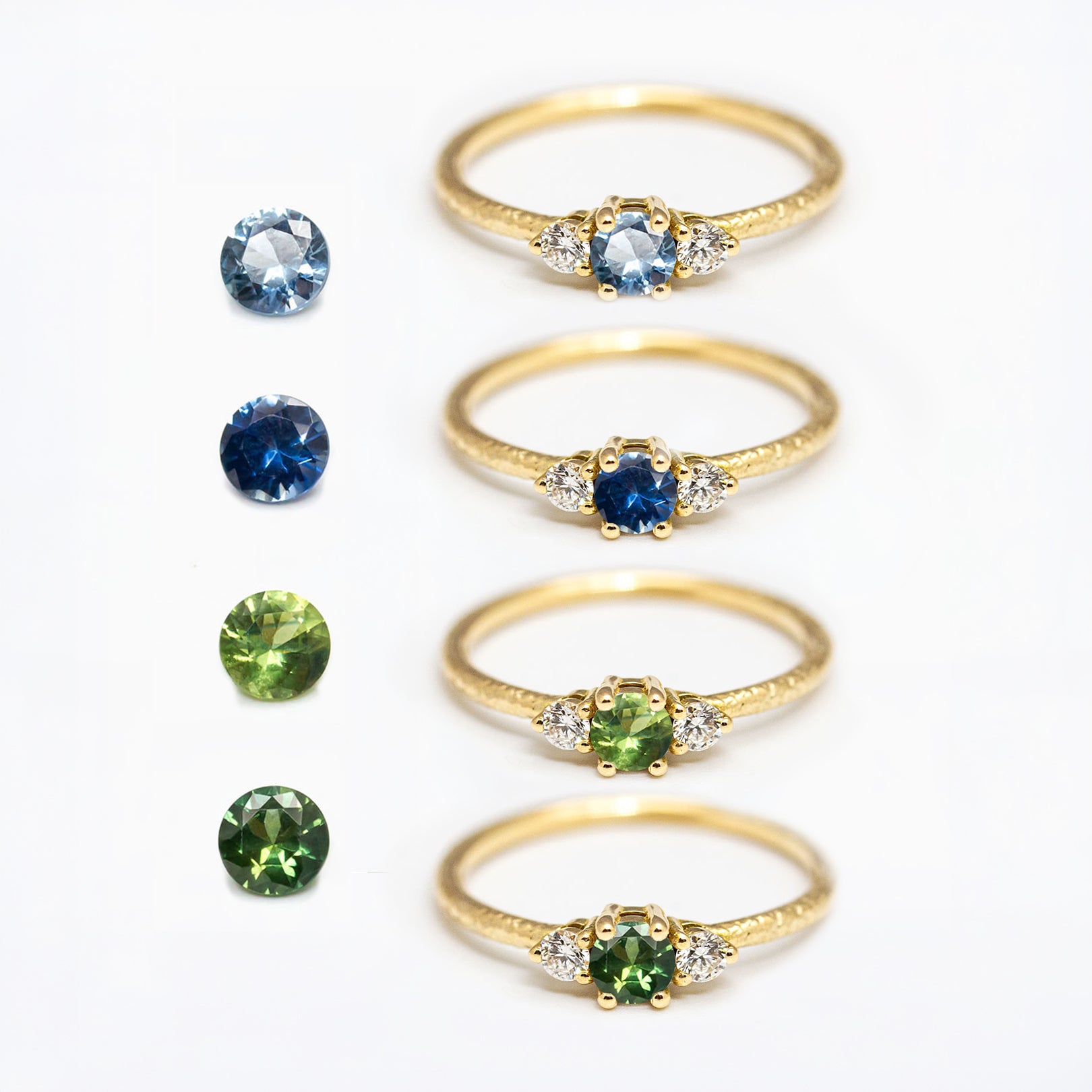 Bague de fiançailles épaulée femme Soleine jonc 1,5 et 3 diamants de synthèse réalisée à la main en or jaune recyclé 18 carats et crédit Fairmined