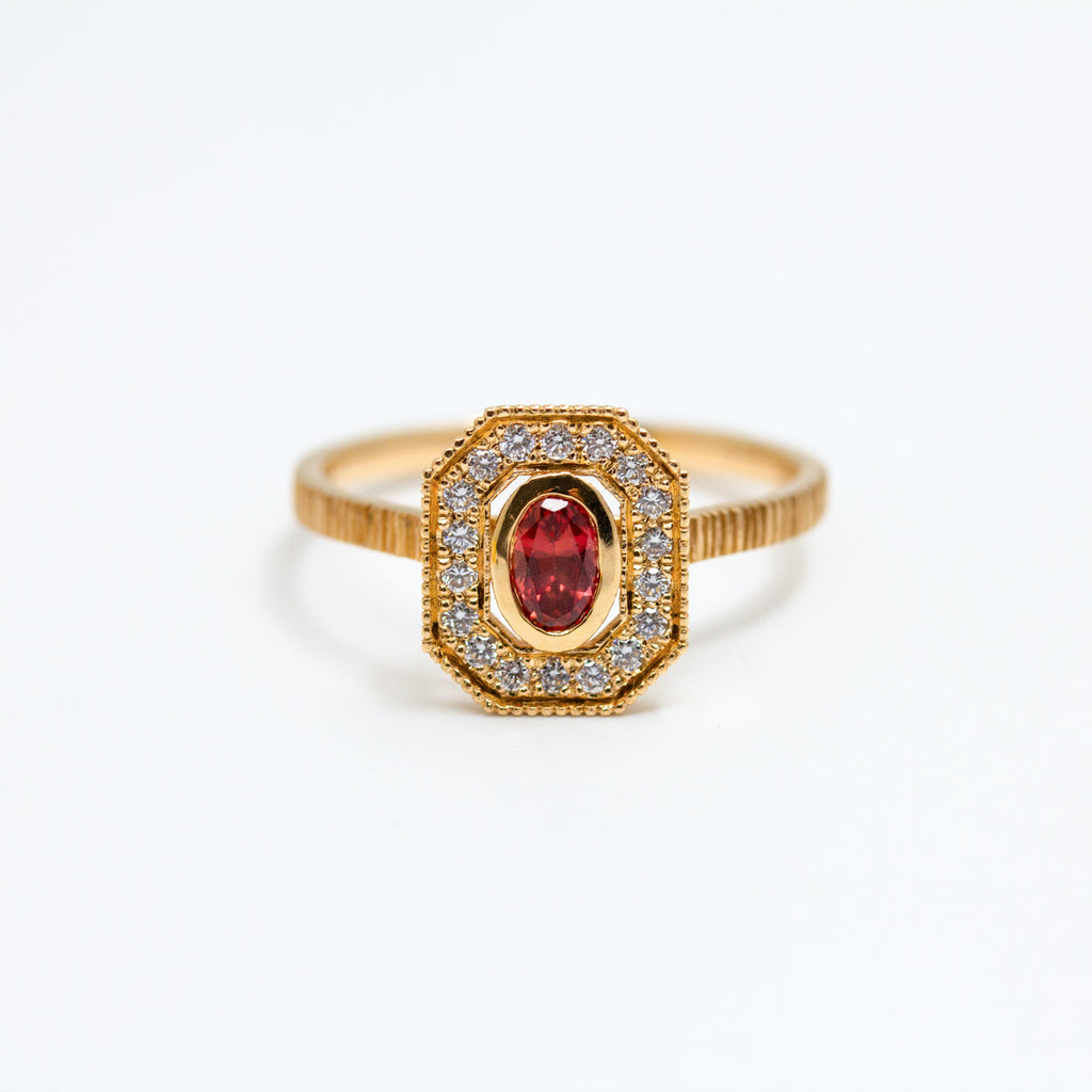 Pièce unique - Bague Art Déco - saphir rouge et diamants