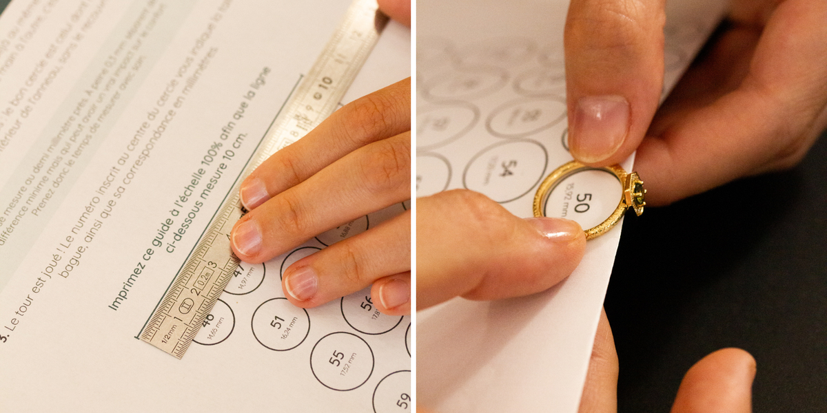 Vérifiez l'échelle du guide des tailles imprimé et pliez-le pour mesurer une bague avec pierres.