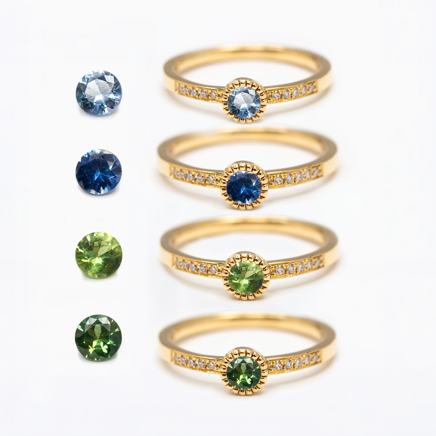 Bague de fiançailles pavée femme à personnaliser diamants ou saphir bleu-vert Fair Trade en or recyclé 750/1000, fabrication dans notre atelier à Paris - Joaillerie éthique 